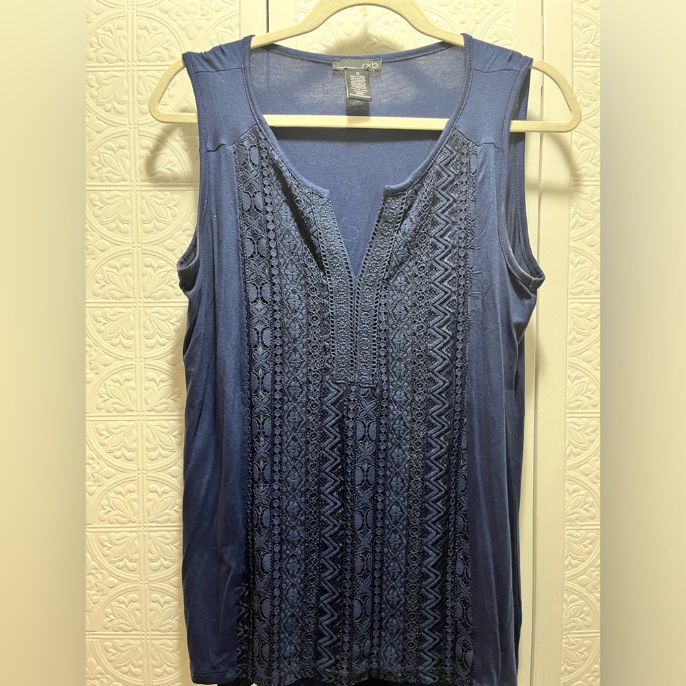 RXB Womens Navy Blue Sleeveless Blouse Tank with Lace Crochet Overlay - S